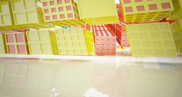 Abstrakte weiße und farbige Verlaufsgläser im mehrstöckigen öffentlichen Raum mit Fenster 3D
