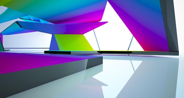 Abstrakte weiße und farbige Verlaufsgläser im mehrstöckigen öffentlichen Raum mit Fenster 3D