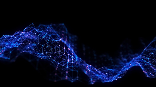 Abstrakte Welle mit blauem Licht auf schwarzem Hintergrund Wissenschaftlicher Hintergrund mit bewegten Punkten und Linien Netzwerkverbindungstechnologie Digitale Struktur mit Partikeln 3D-Rendering