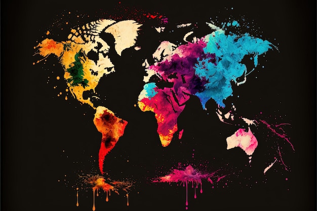 Abstrakte Weltkarte in bunter Farbe mit Farbtropfen und -spritzern Generative Ai