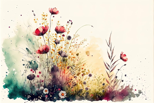 Foto abstrakte wiesenaquarellblumen mit farbtropfen