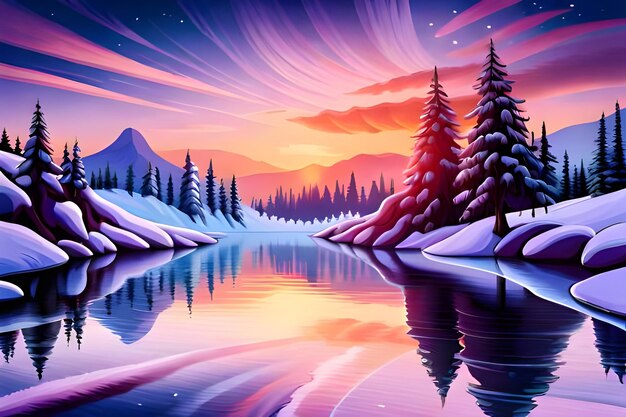 Abstrakte Winterlandschaft mit schneebedeckten Bergen, See, Natur, Kiefern, Nachthimmel, generative KI