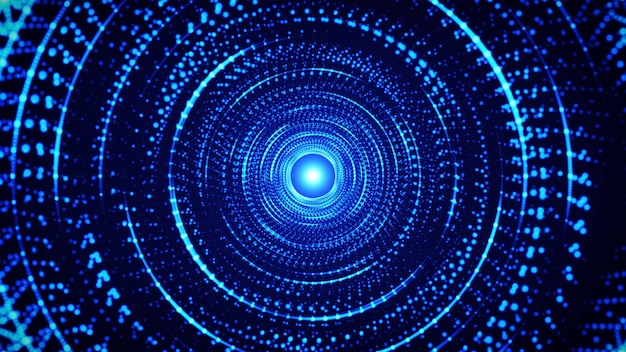 Abstrakte Wirbelspuren oder Tunnelpunkte, die eine Tunneltechnologie bilden Blauer Hintergrund mit Kreisportal