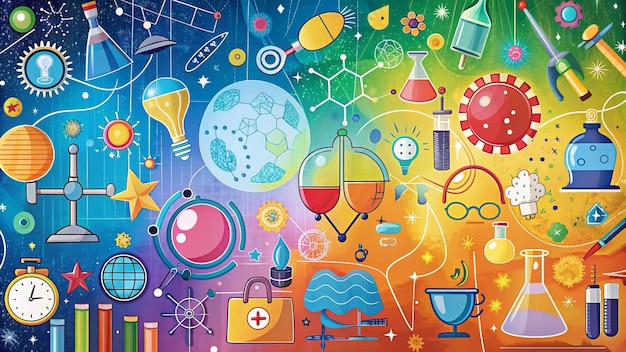 Abstrakte wissenschaftliche Illustration mit leuchtenden Farben und Ikonen