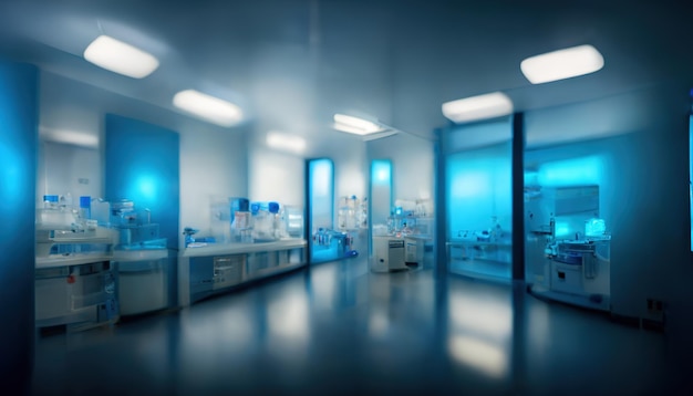Abstrakte wissenschaftliche medizinische Innenraum verschwommenen Hintergrund Blaues Licht Medizinisches Forschungskonzept Ai render