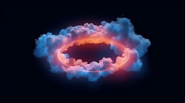 Abstrakte Wolke der generativen KI mit Neonlichtring über dem Nachthimmel