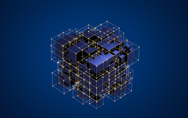 Abstrakte Würfel und leuchtende Gitter mit blauem Hintergrund, 3D-Darstellung