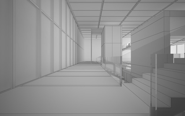 Abstrakte Zeichnung weißer mehrstöckiger öffentlicher Raum mit Fenster. Polygon schwarze Zeichnung. 3D