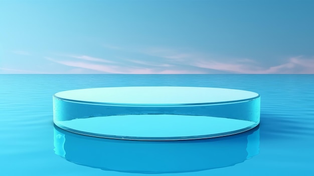 Abstrakter 3D-Displayständer aus Glas auf blauem Wasserhintergrund. 3D-Displayständer auf blauem Wasser