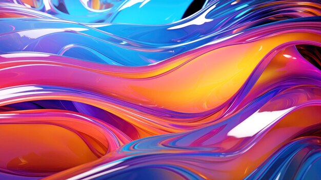 Abstrakter 3D-Hintergrund mit blau-violetten und orangefarbenen flüssigen Glaswellen in Bewegung Futuristische leuchtende w