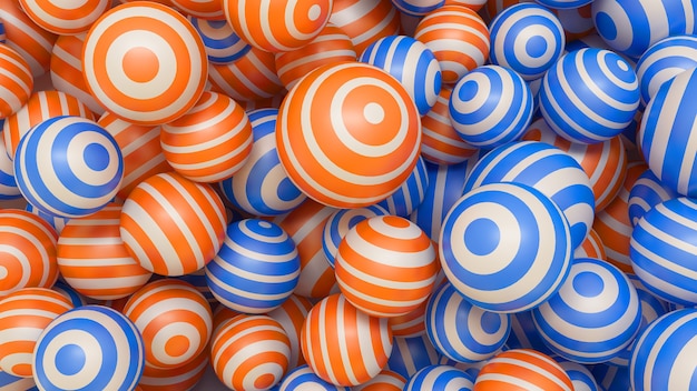 Abstrakter 3d Hintergrund mit mehrfarbigen Kugeln von Orange und Blau. 3D-Illustration.