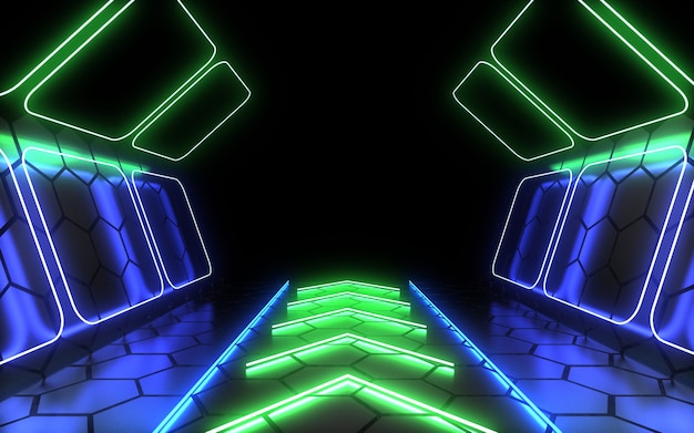 Abstrakter 3D-Hintergrund mit Neonlicht. 3D-Illustration