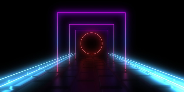 Abstrakter 3D-Hintergrund mit Neonlichtern. 3D-Illustration