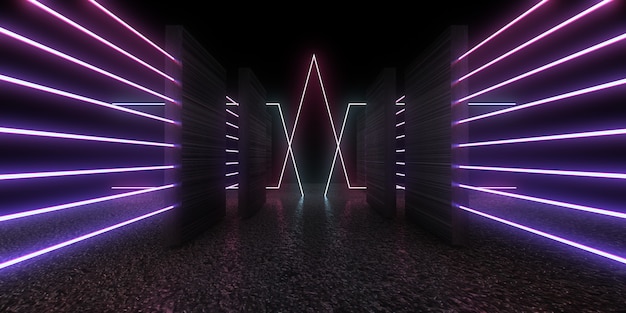 Abstrakter 3D-Hintergrund mit Neonlichtern. Neontunnel. 3D-Illustration