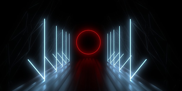 Abstrakter 3D-Hintergrund mit Neonlichtern. Neontunnel. Raumbau. 3D-Illustration