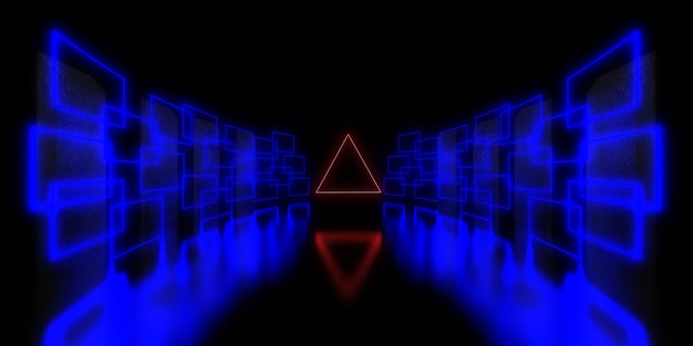 Abstrakter 3D-Hintergrund mit Neonlichtern. Neontunnel. Raumbau. 3D-Illustration