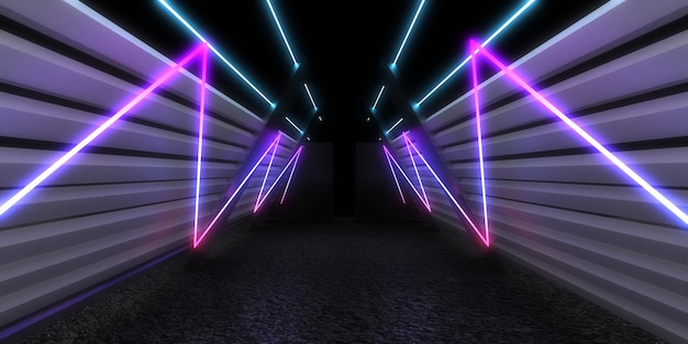 Abstrakter 3D-Hintergrund mit Neonlichtern. Neontunnel. Raumbau. 3D-Illustration