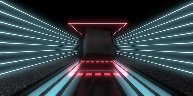 Abstrakter 3D-Hintergrund mit Neonlichtern. Neontunnel. Raumbau. cube.3d illustration