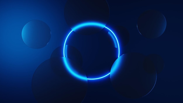 Abstrakter 3D-Hintergrund mit Ringlicht und Glaskreisen schweben über einer blauen Wand für die Produktpräsentation