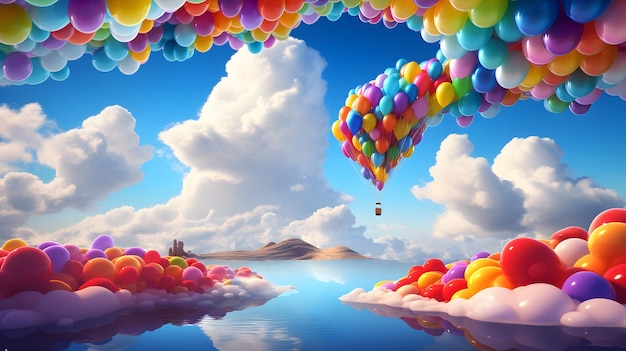 Abstrakter 3D-Regenbogen mit Wolken und bunten Luftballons