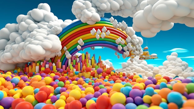 Abstrakter 3D-Regenbogen mit Wolken und bunten Luftballons