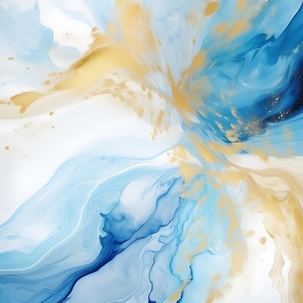 Abstrakter Aquarell-Hintergrund mit Farbverlauf, Marmor-ähnlicher bunter Weiß-Blau-Gold-Fluss gemischt