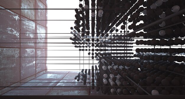 Abstrakter architektonischer Betoninnenraum aus einer Reihe von Kugeln mit großen 3D-Fenstern