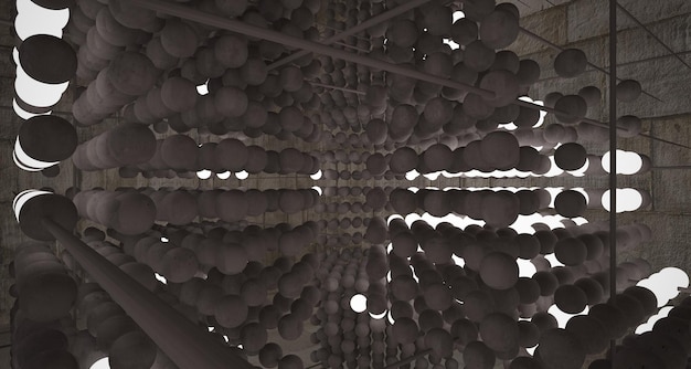 Abstrakter architektonischer Betoninnenraum aus einer Reihe von Kugeln mit großen 3D-Fenstern