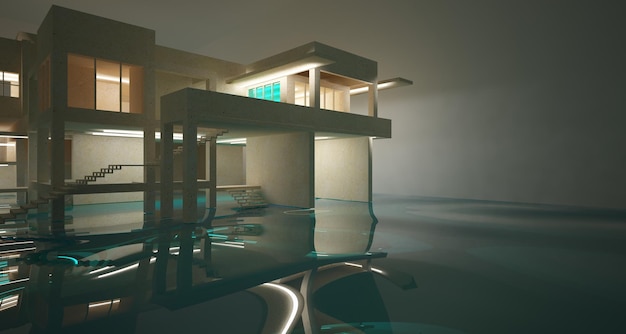 Abstrakter architektonischer Betoninnenraum eines minimalistischen Hauses, das im Wasser steht, 3D