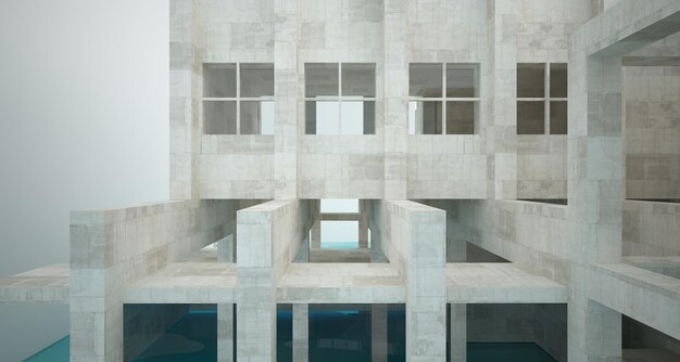 Abstrakter architektonischer Betoninnenraum eines minimalistischen Hauses, das im Wasser steht, 3D