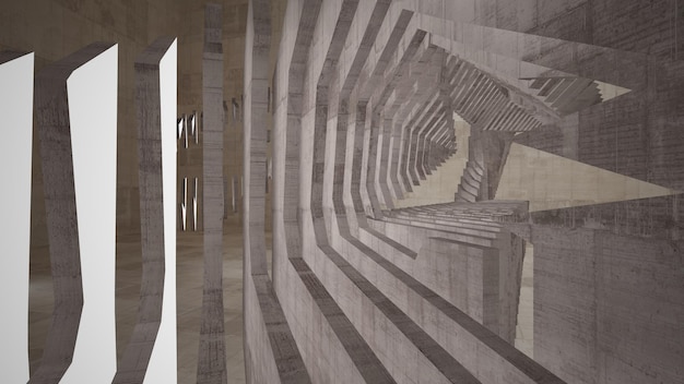 Abstrakter architektonischer Betoninnenraum eines minimalistischen Hauses mit Neonbeleuchtung 3D-Darstellung