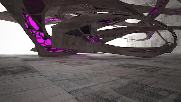 Abstrakter architektonischer Betoninnenraum eines minimalistischen Hauses mit Neonbeleuchtung 3D-Darstellung