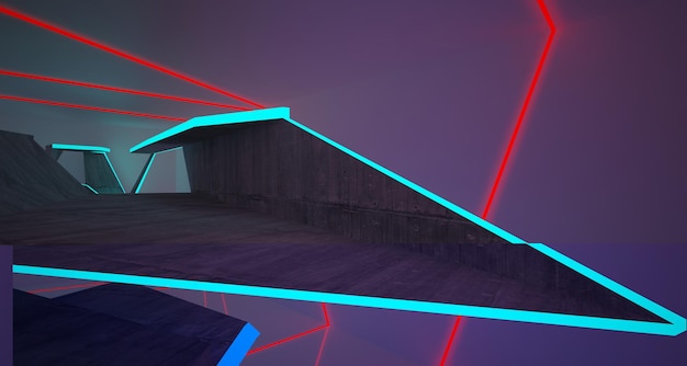 Abstrakter architektonischer Betoninnenraum eines minimalistischen Hauses mit Neonbeleuchtung 3D mit Farbverlauf