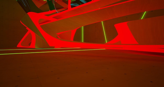 Abstrakter architektonischer Betoninnenraum eines minimalistischen Hauses mit Neonbeleuchtung 3D mit Farbverlauf