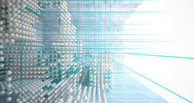 Abstrakter architektonischer Innenraum aus Holz und Glas aus einer Reihe von Kugeln mit großen 3D-Fenstern