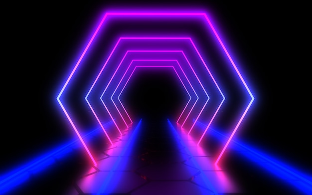 Abstrakter Architekturtunnel mit Neonlicht. 3D-Illustration