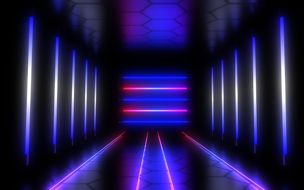 Abstrakter Architekturtunnel mit Neonlicht. 3D-Illustration