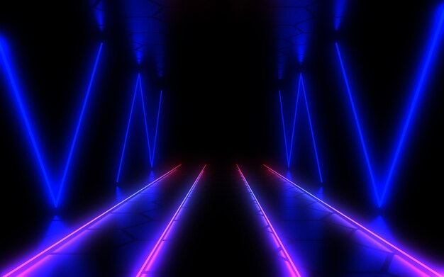 Abstrakter Architekturtunnel mit Neonlicht. 3D-Illustration