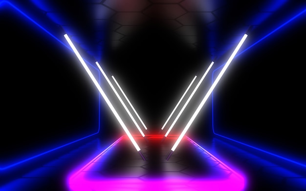 Abstrakter Architekturtunnel mit Neonlicht. 3D-Illustration