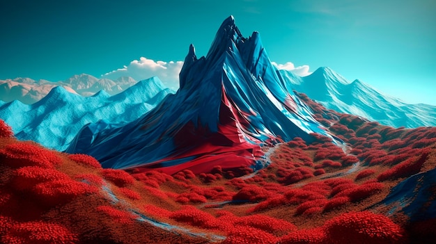 Abstrakter blauer Berg mit roter Fahne an der Spitze Erfolgskonzept Generative KI
