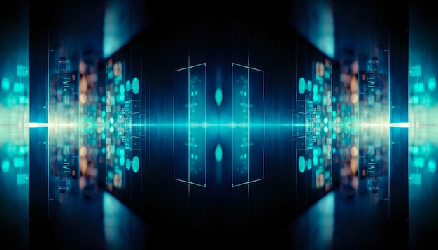 Abstrakter blauer futuristischer Hintergrund Rechenzentrums-Datenübertragung Strahlen und Linien blaues Neon Reflexion des Lichts im Raum Dunkle futuristische leere Szene 3D-Darstellung