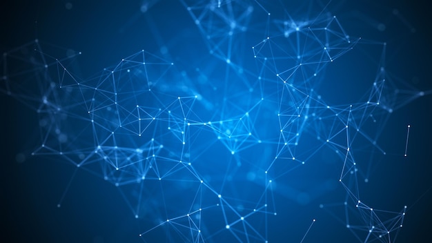 Abstrakter blauer Hintergrund mit beweglichen Linien und Punkten Das Konzept der Big Data 3D-Rendering