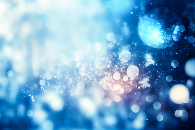 Abstrakter blauer Weihnachtshintergrund mit Bokeh-Lichtern und Schneeflocken Generative AI