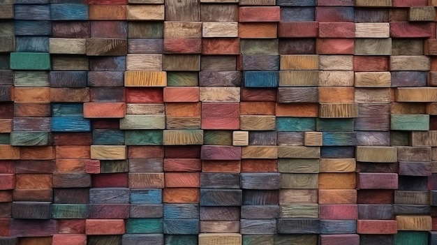 Abstrakter Blockstapel an einer Wand mit einer alten Holzkunst-Architekturstruktur. Generative KI, abstrakte bunte Holzstruktur