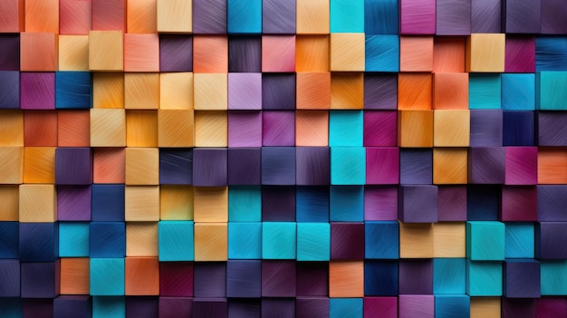 Abstrakter Blockstapel aus 3D-Holzwürfeln mit bunter Holzstruktur als Hintergrund