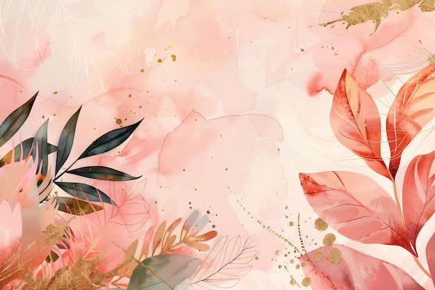 abstrakter blumiger rosa Hintergrund Ein minimalistisches Design, das für Textverpackungsdrucke und Wanddekorationen geeignet ist, enthält rosa und Erdton Aquarellblätter, Blumen und Bäume