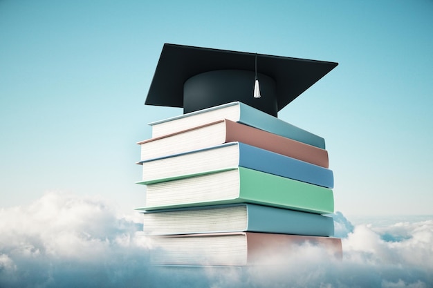 Abstrakter Bücherstapel mit Abschlusskappe und Leiter am Himmel mit Wolkenhintergrund Bildungs- und Wachstumskonzept 3D-Rendering