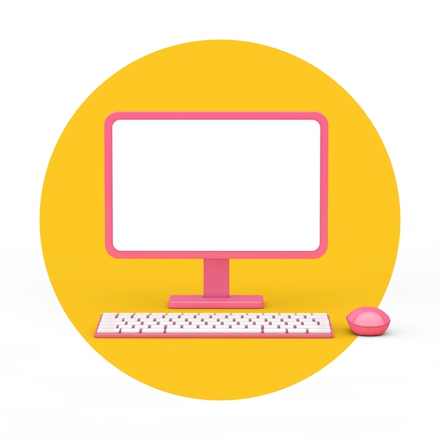 Abstrakter Cartoon-Rosa-Desktop-Computer mit Maus, Tastatur und leerem Bildschirm für Ihr Design im Duotone-Stil auf weißem und gelbem Hintergrund. 3D-Rendering