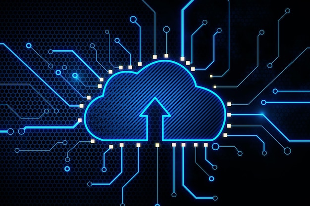 Abstrakter Cloud-Technologie-Hintergrund mit blauem digitalem Cloud-Symbol mit Pfeil nach oben und vielen leuchtenden Schaltkreislinien rund um die 3D-Darstellung