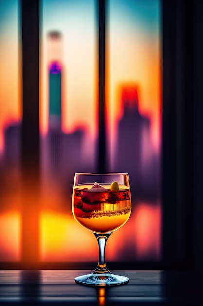 Abstrakter Cocktail auf dem Dach und Blick auf die Stadt mit Sonnenuntergang in der Dämmerung